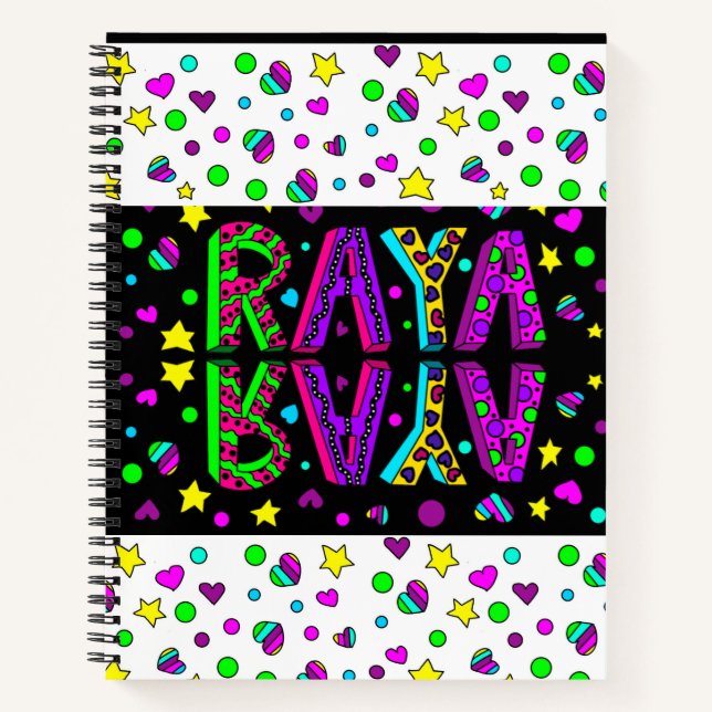 Whimsical Folk Art Girl's Name Raya  Notebook (Front)