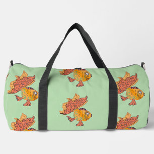 Whimsical Folk Art Goldfish Boho Swirl Fantasy Duffle Bag