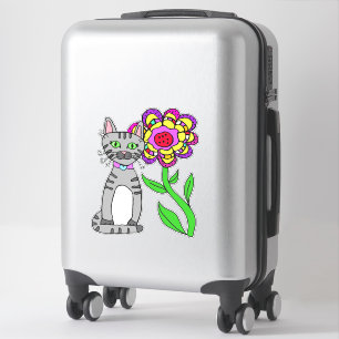 Whimsical Folk Art Grey  Cat and Colourful Flower
