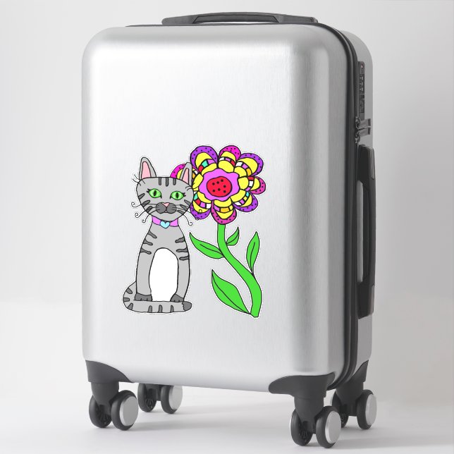 Whimsical Folk Art Grey  Cat and Colourful Flower (Suitcase)
