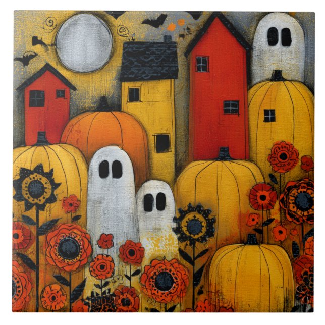 Whimsical Folk Art Halloween Patch Ceramic Tile (Front)