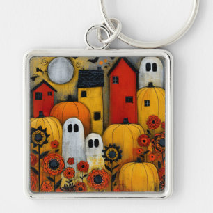 Whimsical Folk Art Halloween Patch Key Ring