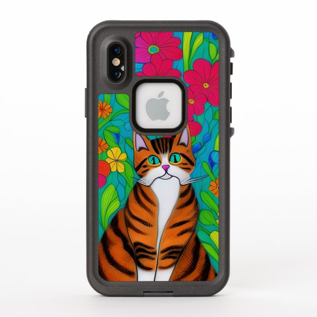 Whimsical Folk Art Orange and Black Striped Cat LifeProof iPhone Case (Back)