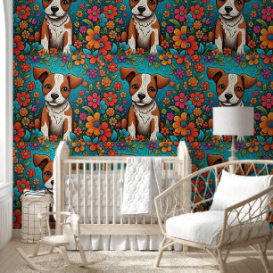 Whimsical Folk Art Puppy Dog and Flowers Wallpaper
