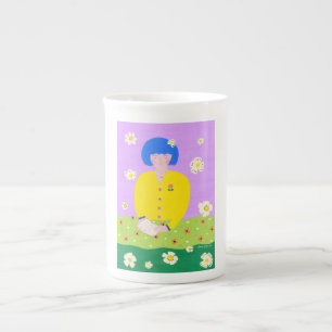 Whimsical Folk Art Reading Girl Colourful Bone China Mug