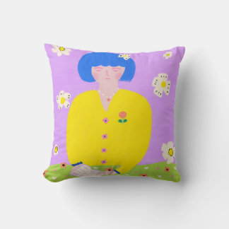 Whimsical Folk Art Reading Girl Colourful Cushion