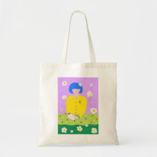 Whimsical Folk Art Reading Girl Colourful Tote Bag