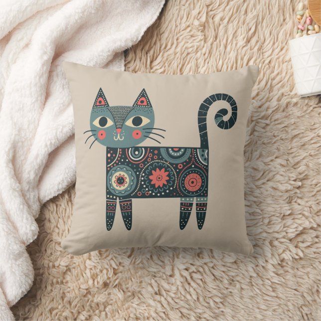 Whimsical Folk Art Retro Boho Cat Beige  Cushion (Blanket)