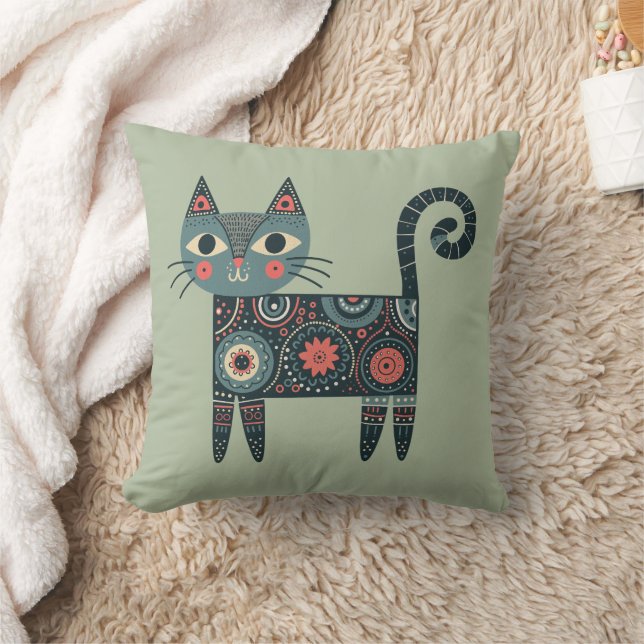 Whimsical Folk Art Retro Boho Cat Sage Cushion (Blanket)