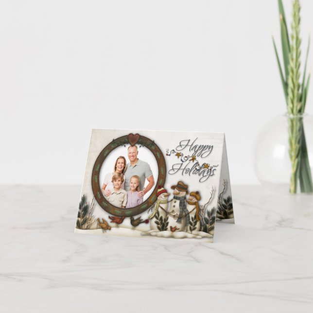 Whimsical Folk Art Snowmen Christmas Photo Card (Front)