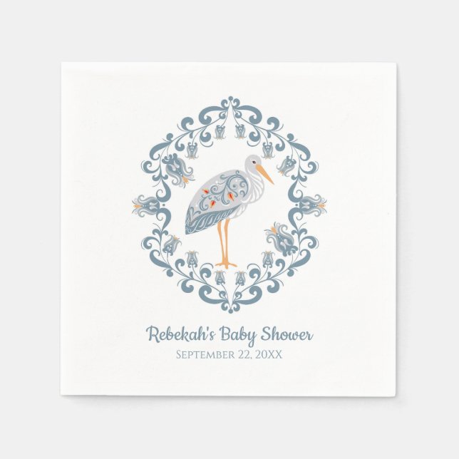 Whimsical Folk Art Stork | Baby Shower Napkin (Front)