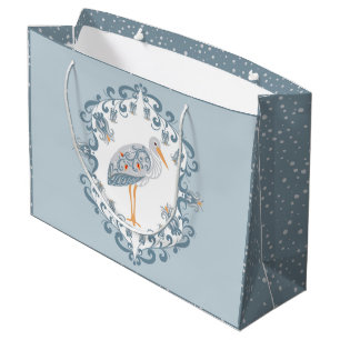 Whimsical Folk Art Stork Large Baby Shower Gift Bag