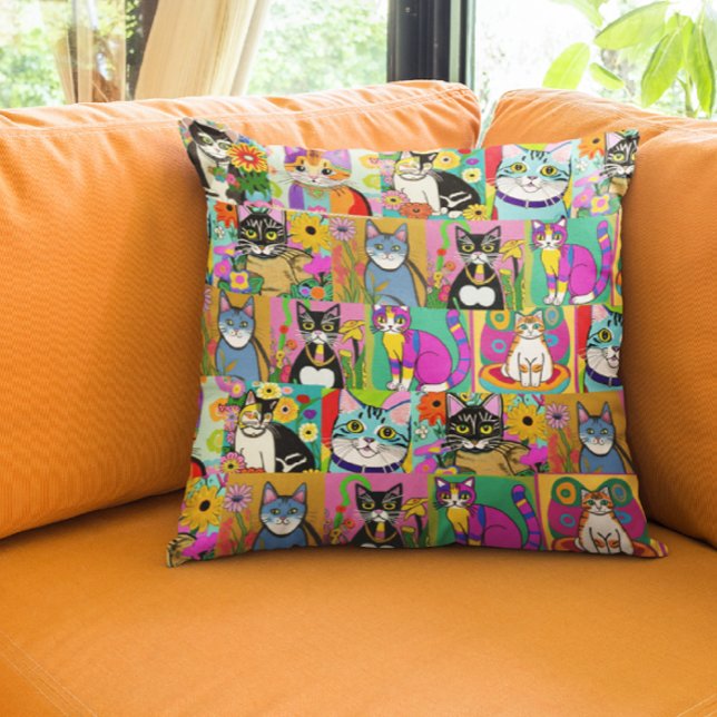 Whimsical Folk Art Style Cartoon Cats Cushion (Creator Uploaded)