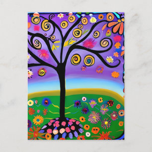 Whimsical Folk Art Style Tree   Saying Hi Postcard