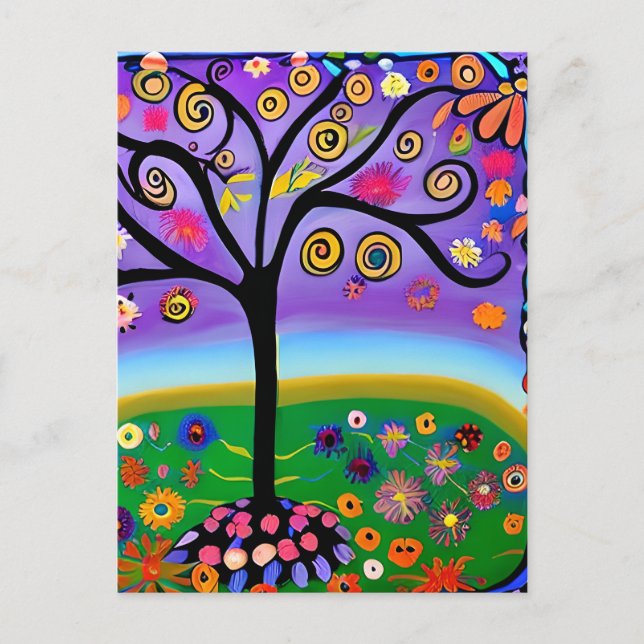 Whimsical Folk Art Style Tree | Saying Hi Postcard (Front)