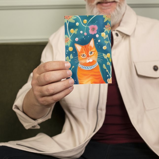 Whimsical Folk Art Tabby Cat Flat  Card (Creator Uploaded)