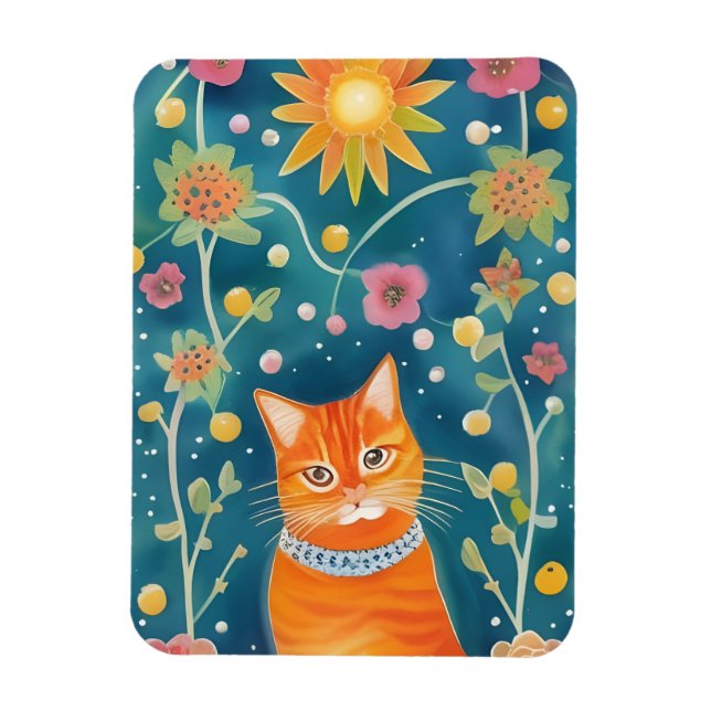 Whimsical Folk Art Tabby Cat Magnet (Vertical)