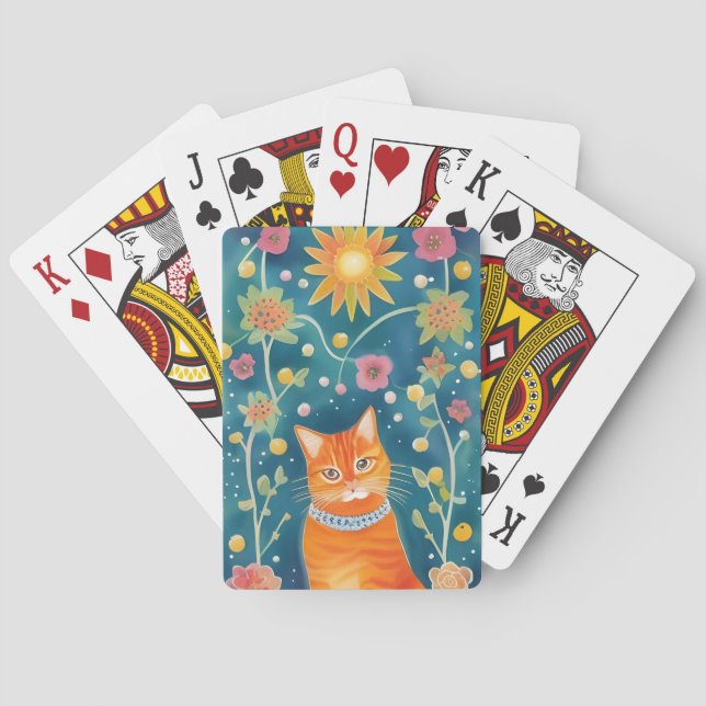 Whimsical Folk Art Tabby Cat Playing Cards (Back)