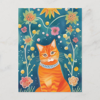 Whimsical Folk Art Tabby Cat Postcard