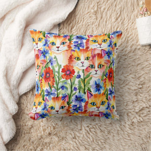 Whimsical Folk Art Watercolor Flowers and Cats Cushion