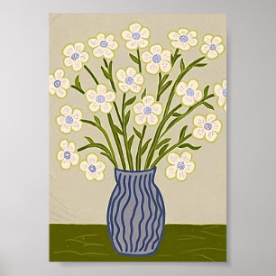 Whimsical Folk Art White Floral Illustration  Poster