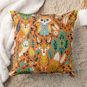 Whimsical folk art woodland animals orange pattern cushion