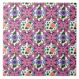 Whimsical Folk Bird Floral Pattern Ceramic Tile