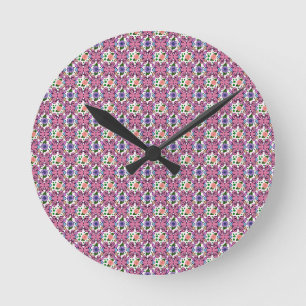 Whimsical Folk Bird Floral Pattern Round Clock