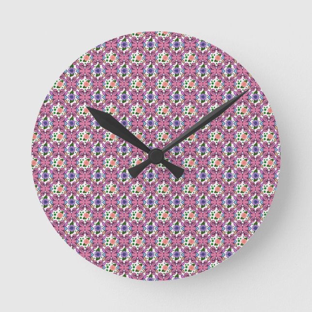 Whimsical Folk Bird Floral Pattern Round Clock (Front)