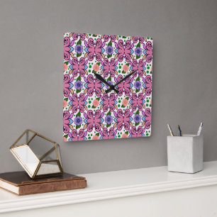 Whimsical Folk Bird Floral Pattern Square Wall Clock
