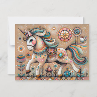 Whimsical folk bohemian vibe unicorn postcard