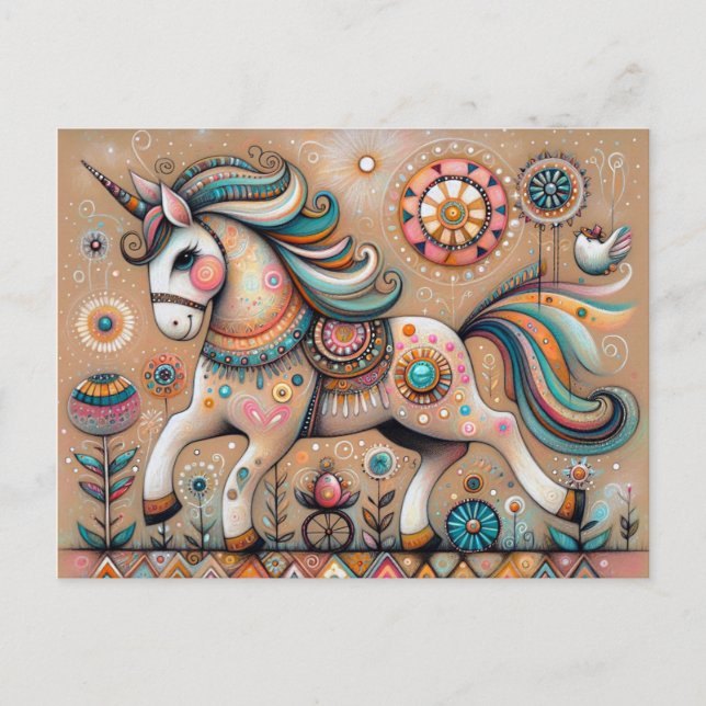 Whimsical folk bohemian vibe unicorn  postcard (Front)