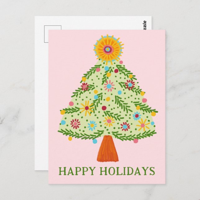 Whimsical Folk Christmas Tree CUSTOM HOLIDAY Postcard (Front/Back)