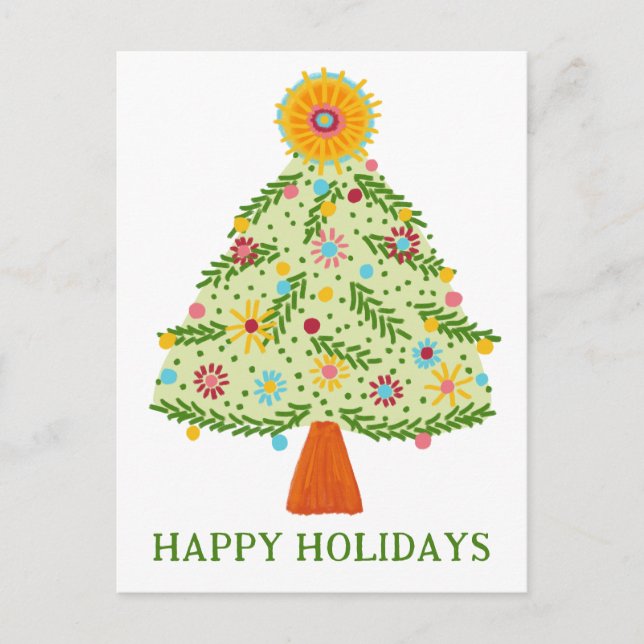 Whimsical Folk Christmas Tree CUSTOM HOLIDAY Postcard (Front)