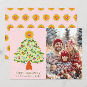 Whimsical Folk Christmas Tree CUSTOM PHOTO Holiday Card
