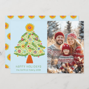 Whimsical Folk Christmas Tree CUSTOM PHOTO Holiday Card