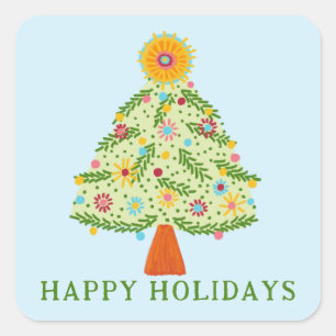 Whimsical Folk Christmas Tree CUSTOM PHOTO Square Sticker
