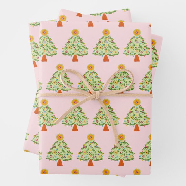 Whimsical Folk Christmas Tree Holiday  Wrapping Paper Sheet (In situ)