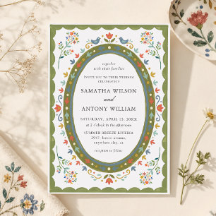 Whimsical Folk Floral Birds Wedding Invitation