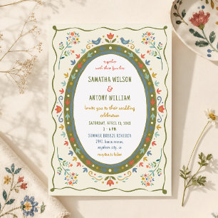 Whimsical Folk Floral Birds Wedding Invitation