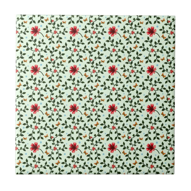Whimsical Folk Floral Butterfly Pattern  Ceramic Tile (Front)