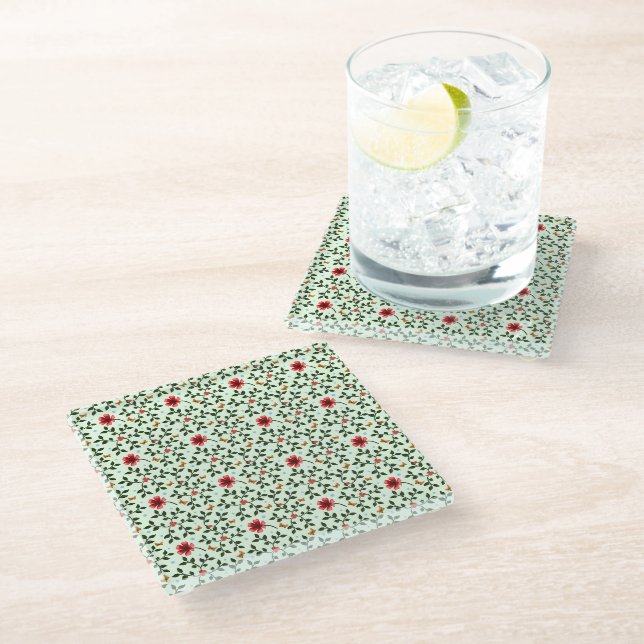 Whimsical Folk Floral Butterfly Pattern  Glass Coaster (Angled)