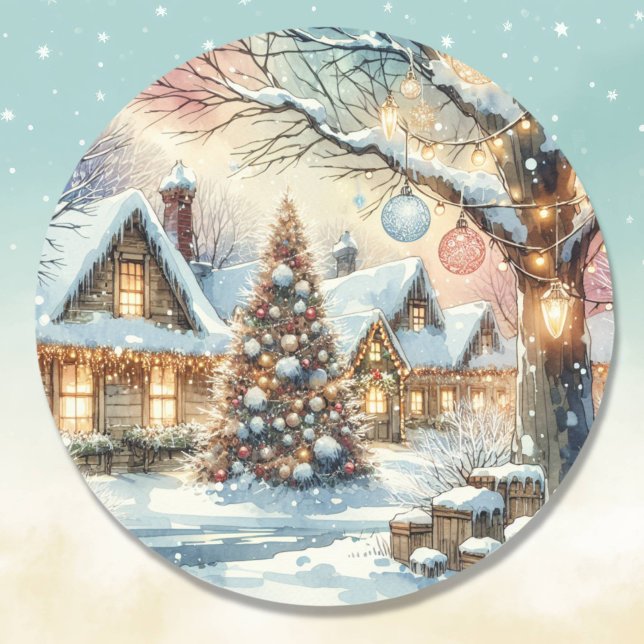 Whimsical Folk Village Christmas Classic Round Sticker (Creator Uploaded)
