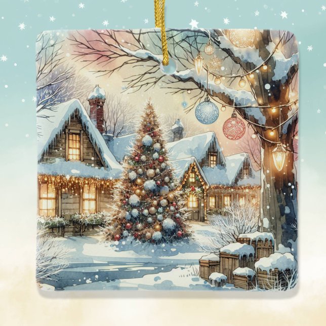 Whimsical Folk Village Personalised Christmas Ceramic Ornament (Creator Uploaded)