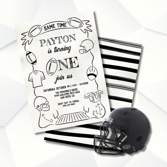 Whimsical Football 1st One Hand drawn Birthday Invitation (Creator Uploaded)