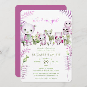 Whimsical Forest Bear Bunny Pink Girl Baby Shower Invitation