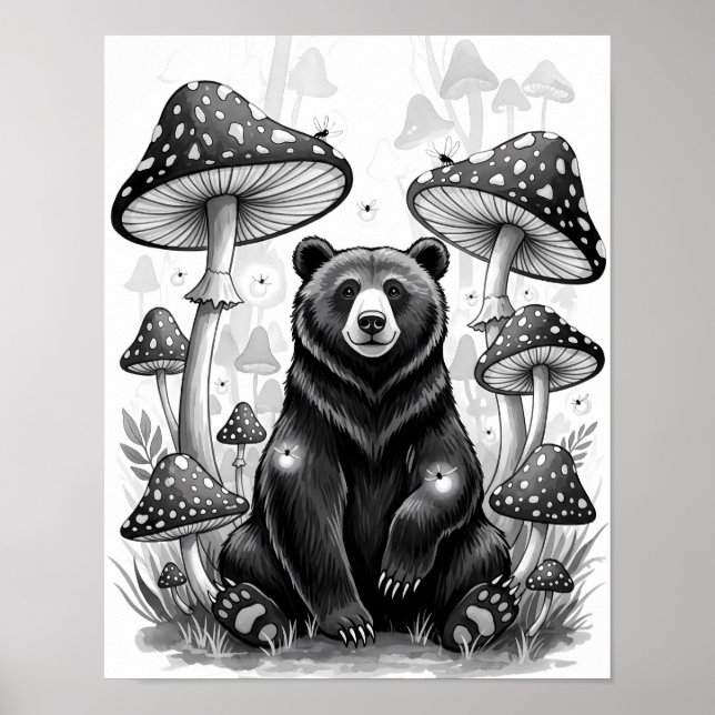 Whimsical Forest Bear & Magical Mushrooms Poster (Front)