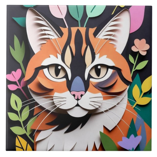 Whimsical Forest cat in Paper-Cut Art Ceramic Tile (Front)
