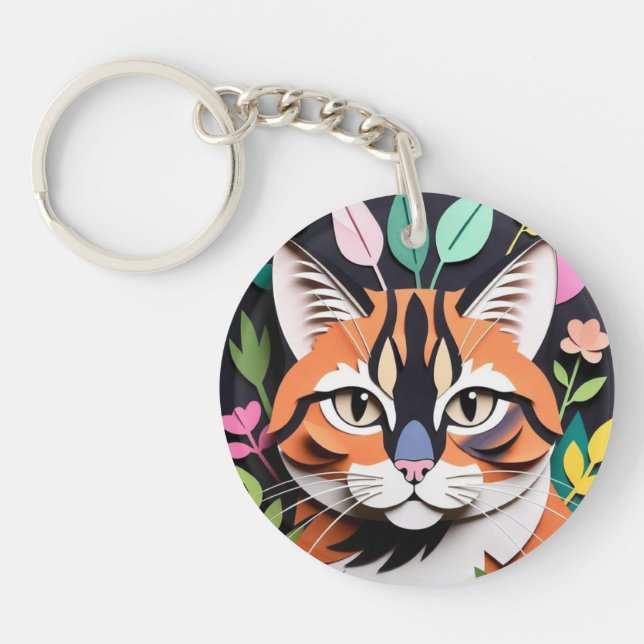 Whimsical Forest cat in Paper-Cut Art Key Ring (Front)