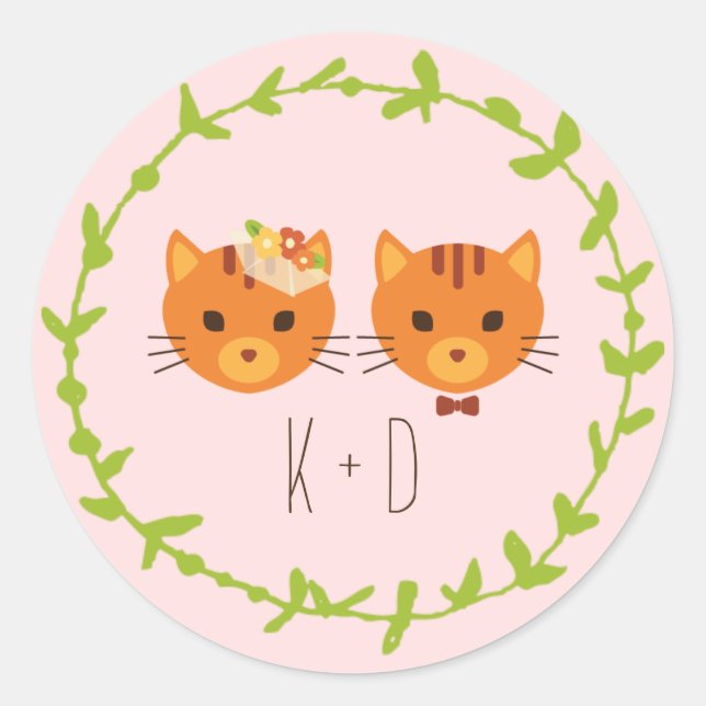 Whimsical Forest Cats Blush Wedding Classic Round Sticker (Front)